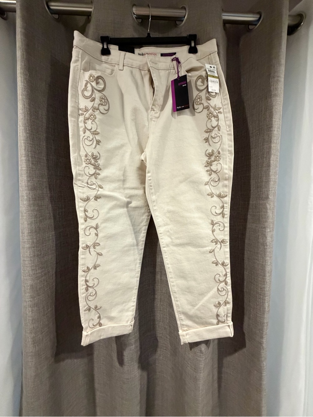 Style & Co. Cream Ankle Jeans with Side Embroidery